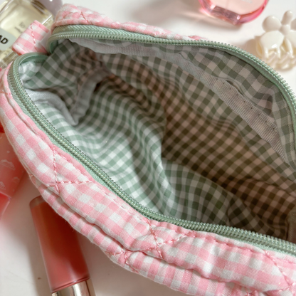 pink gingham makeup bag with green zipper washable cotton