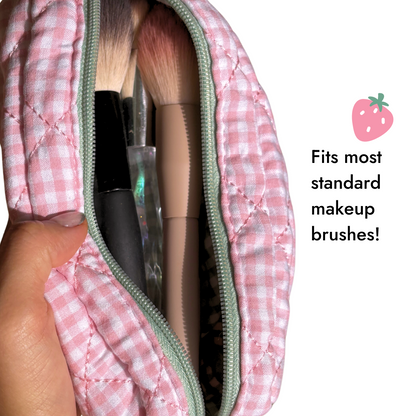 pink gingham makeup bag with green zipper fits brushes