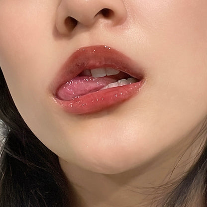 burnt cherry copper red lip gloss on asian skin tone